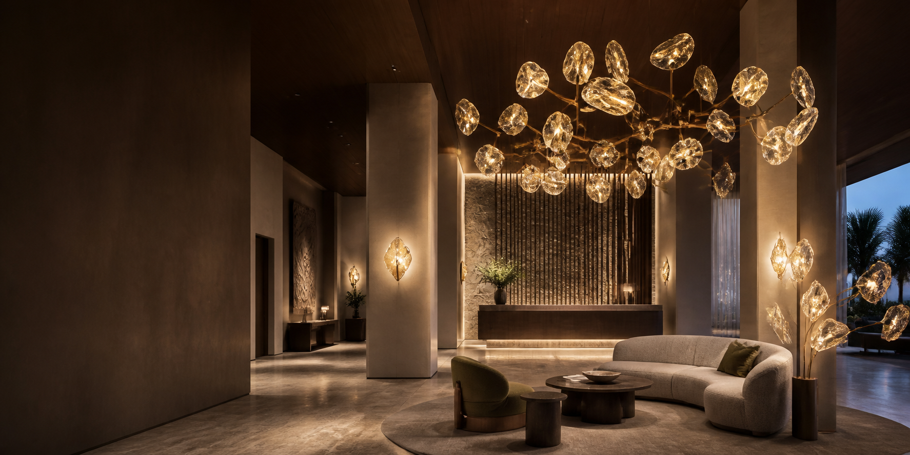 Custom decorative chandelier in a luxury hotel lobby